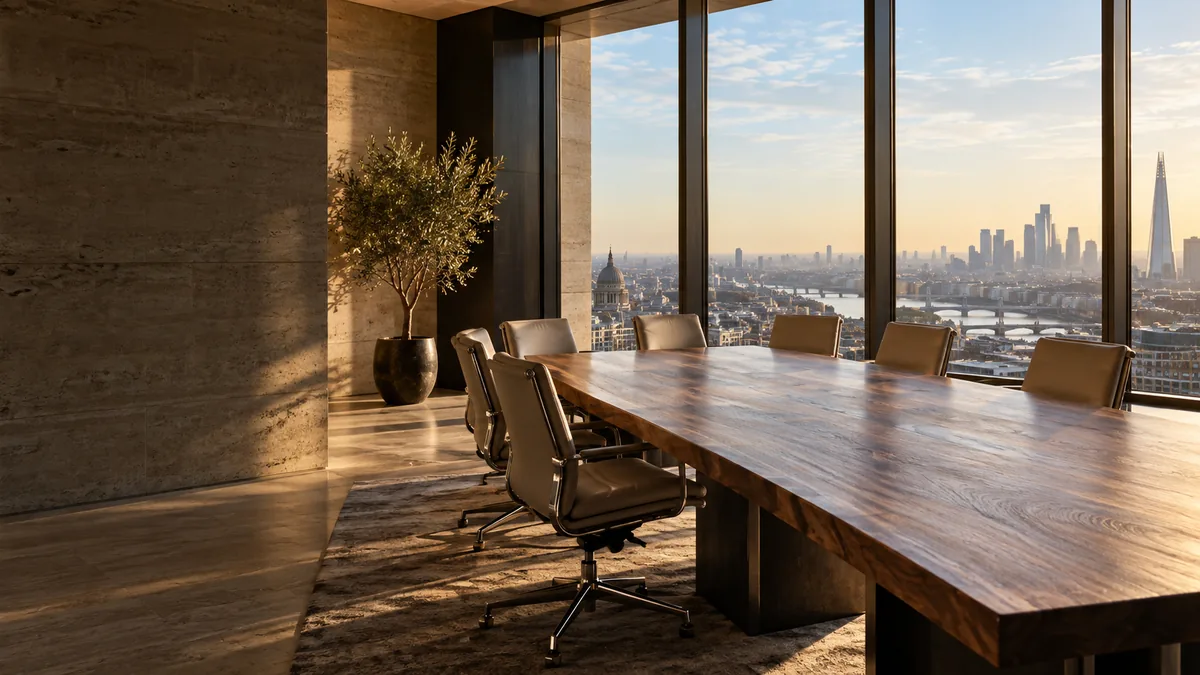 Private oak meeting room overlooking a city
