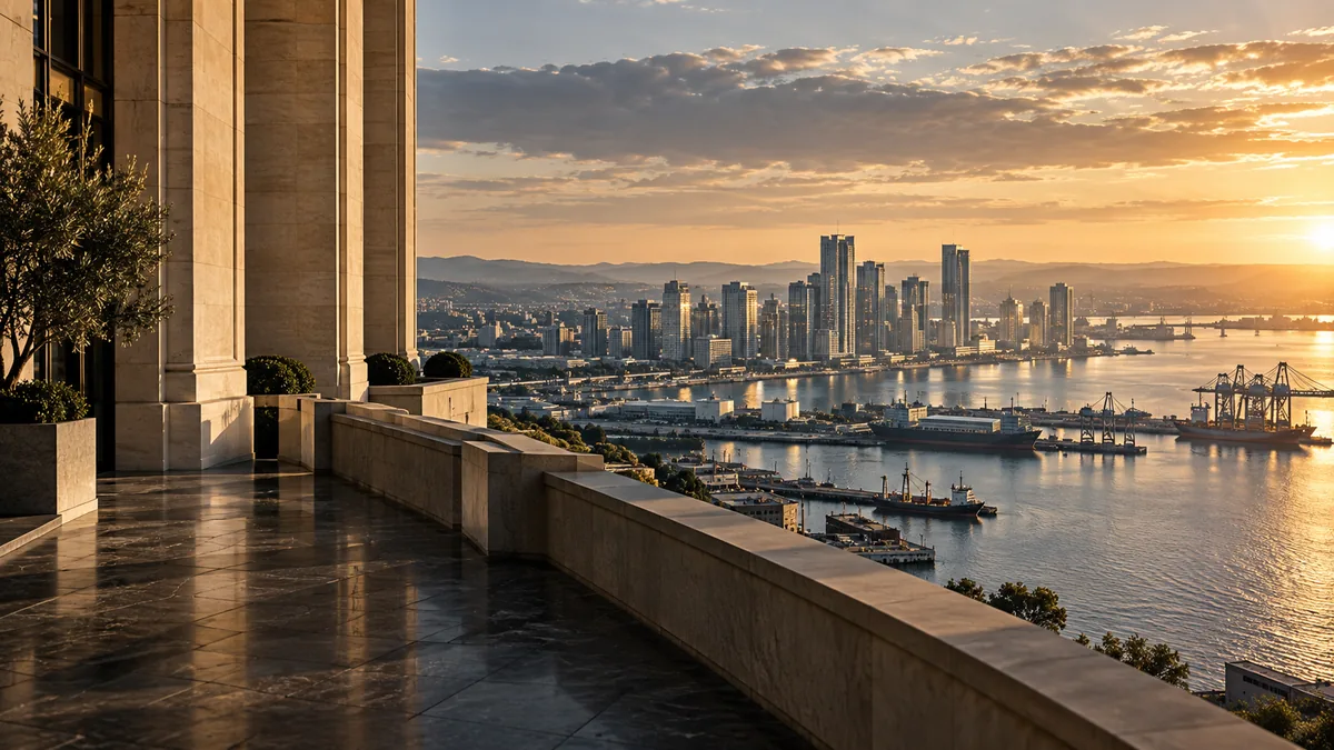 Limestone commercial terrace overlooking an international waterfront and working city at dawn