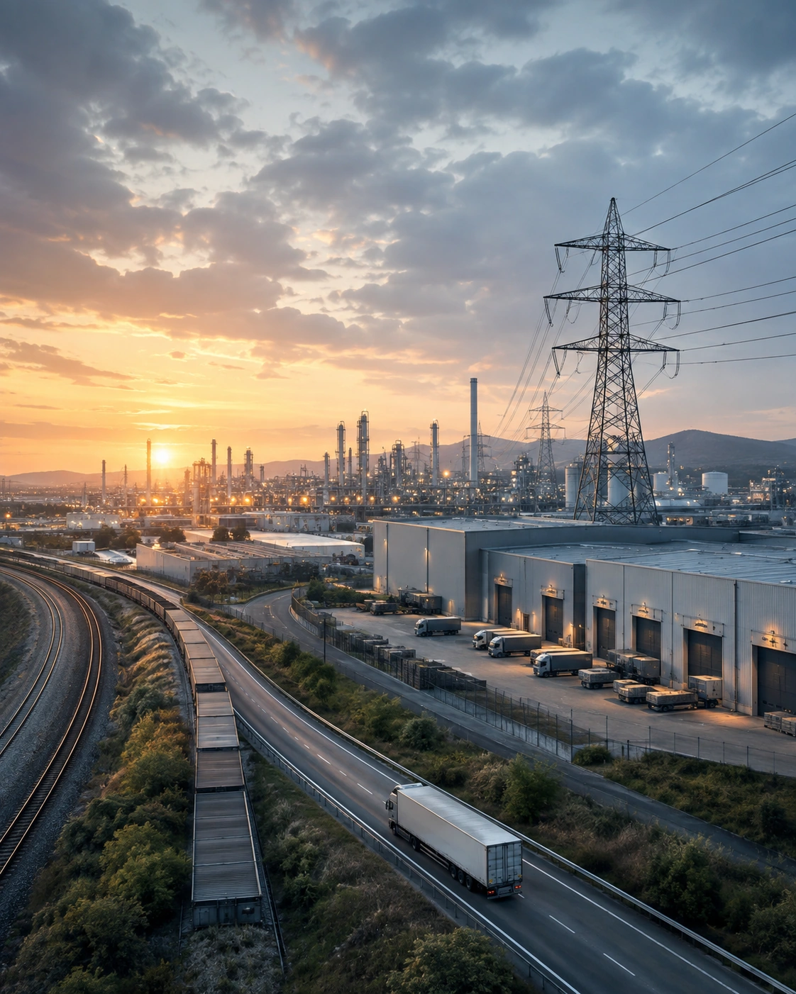 Integrated industrial, logistics, transport and energy systems at sunrise