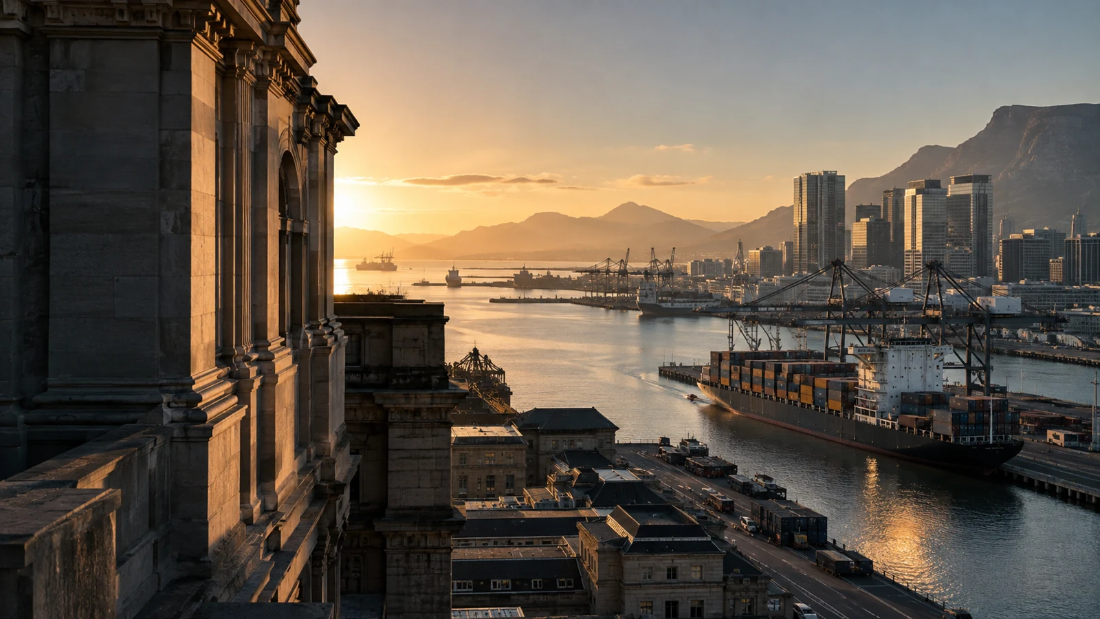 International commercial harbour and business district in warm morning light