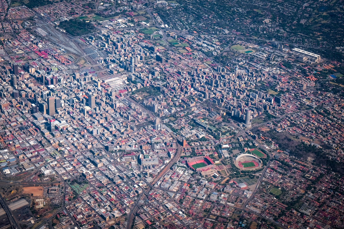 Aerial view of Johannesburg, South Africa, showing a major African commercial centre