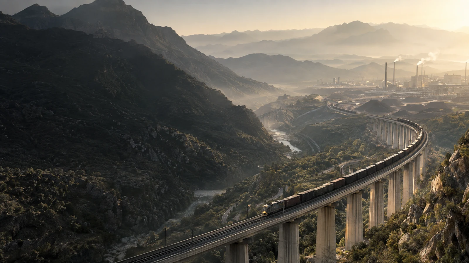Freight railway crossing a mountain viaduct