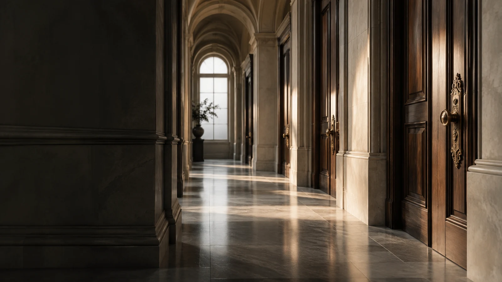 Quiet archive corridor with closed oak doors