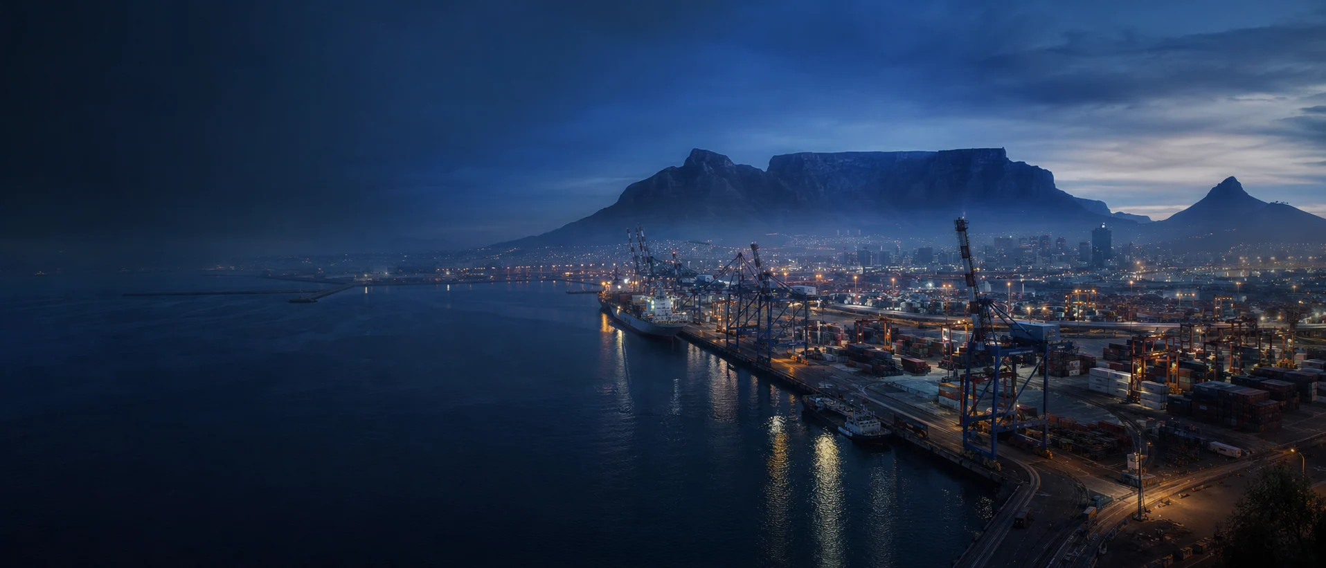 Cape Town harbour, Table Mountain and connected infrastructure at first light