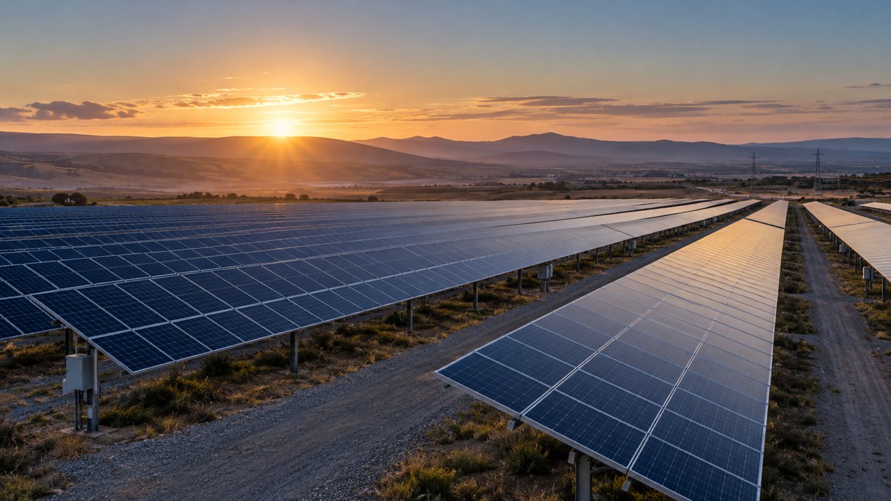 Utility photovoltaic field in accurate parallel rows with access tracks and distant grid connection, restrained dawn over low hills.