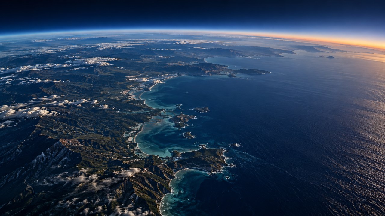 Earth seen from low orbital altitude over an ocean coastline at blue hour, curved horizon subtle atmospheric haze, geographical realism, no artificial network overlay.