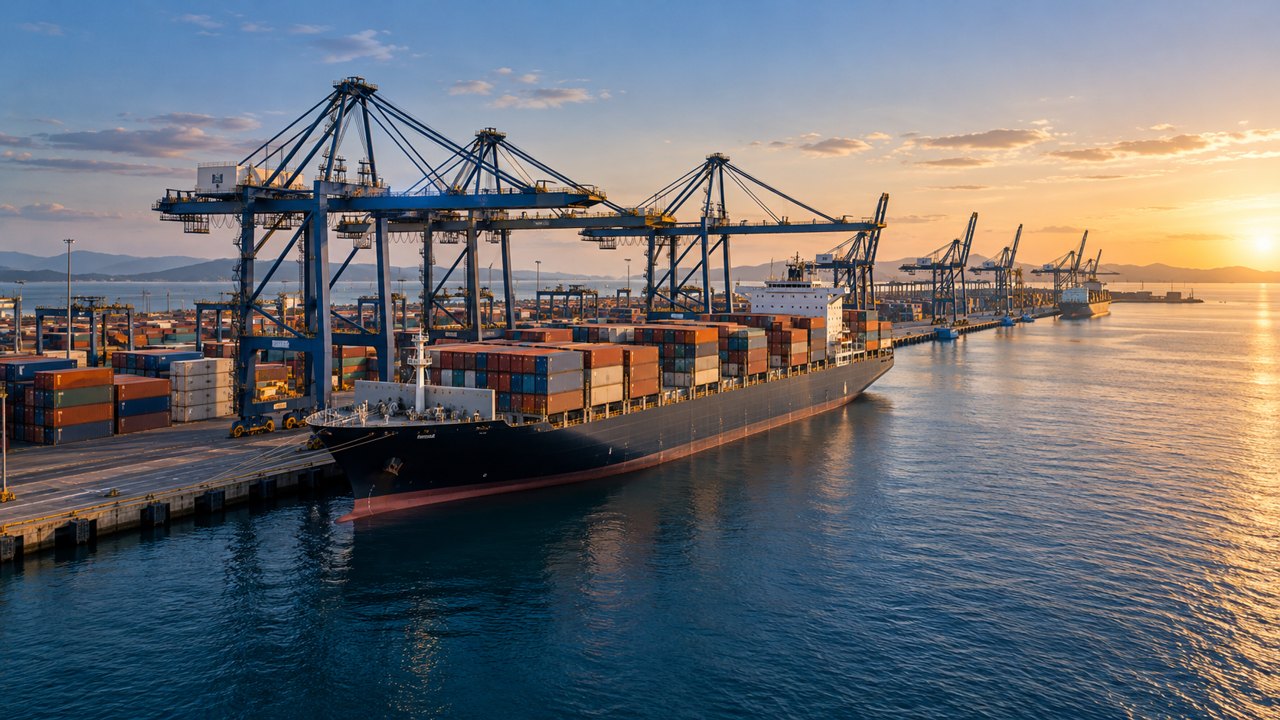 Modern container port with one cargo ship alongside quay, coherent container stacks and cranes, deep blue water, long horizontal composition.