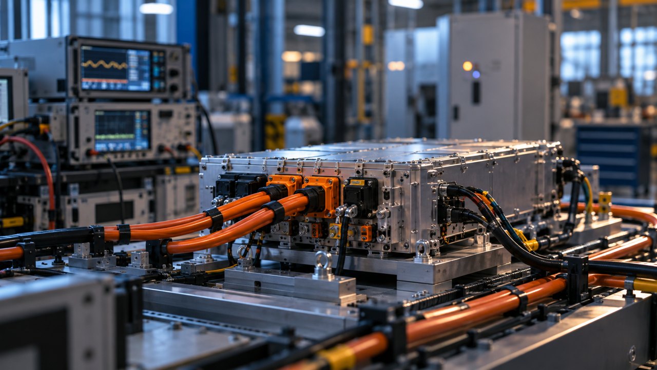Industrial electrical testing bench, unbranded power electronics module and orderly insulated cabling, grounded instruments with screens out of focus, factory background.