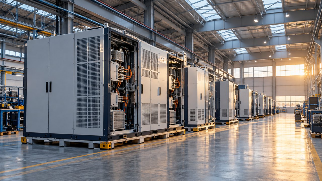 Long precision manufacturing hall with assembled power conversion cabinets awaiting dispatch, realistic production spacing and factory skylights.
