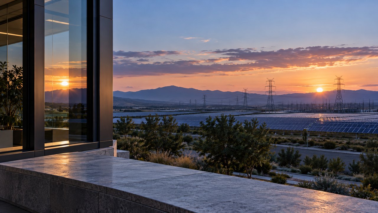 Quiet industrial headquarters window and stone ledge overlooking distant solar PV rows and electrical grid infrastructure, cool natural dusk, NO refinery, NO oil tanks, NO chimneys, no heavy fossil fuel installations. Renewable equipment landscape.