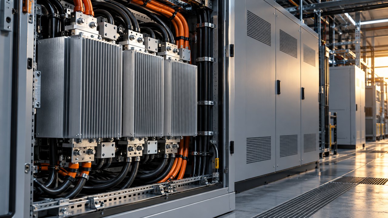 Close-up of industrial power conversion cabinet, brushed aluminium heat sinks, robust insulated cables correctly routed, closed equipment adjacent, no readable labels.