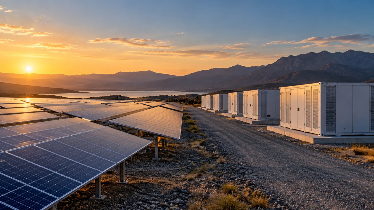 Solar photovoltaic field adjacent to spaced unbranded battery storage containers on concrete pads, safe access road, no exposed wiring, realistic scale.