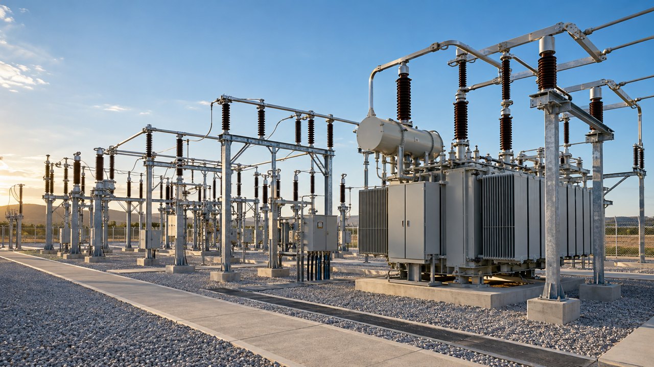 High voltage outdoor substation, plausible busbars supported on ceramic insulators, transformers, clear maintenance spacing and fenced perimeter, neutral daylight.