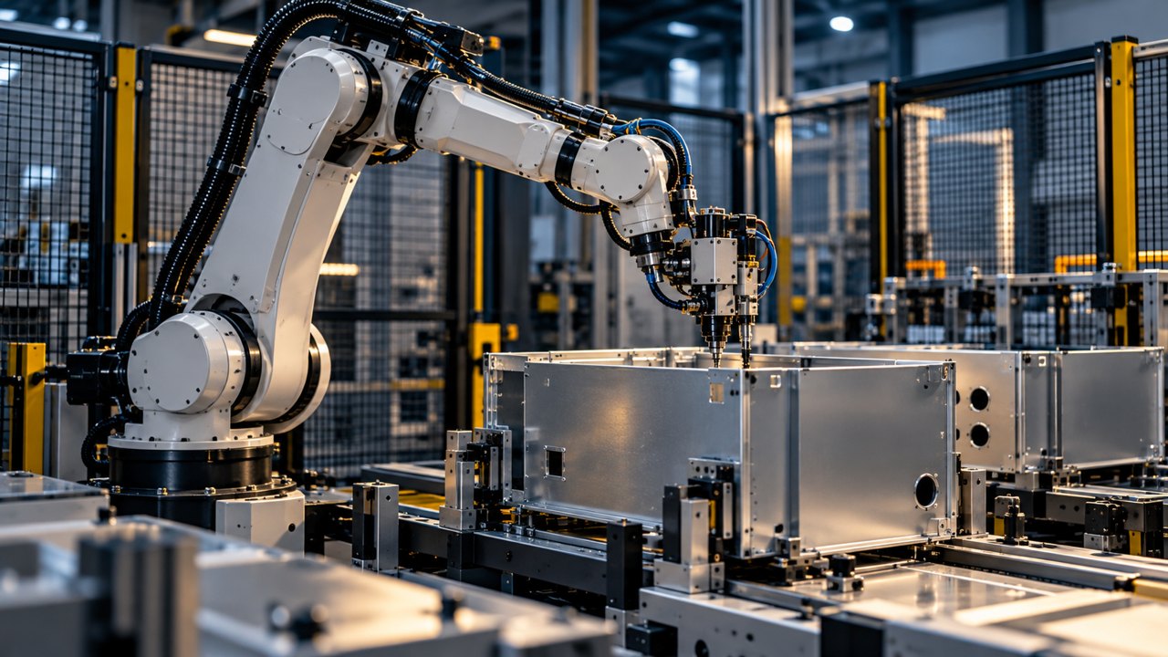 Industrial robotic arm inside fenced manufacturing cell assembling metal electrical enclosure using realistic fixtures, no anthropomorphic forms.