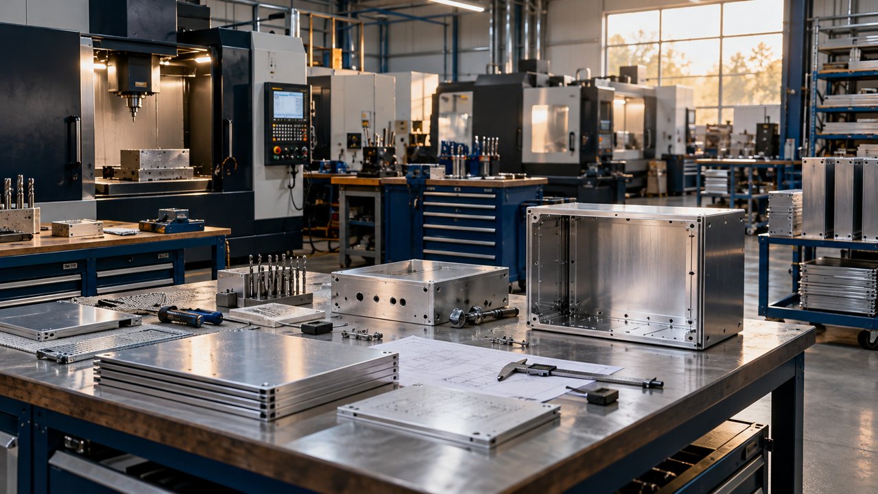 Precision machining and metal enclosure fabrication workshop with coherent tools, aluminium panels and orderly workstations, premium industrial documentary photography.