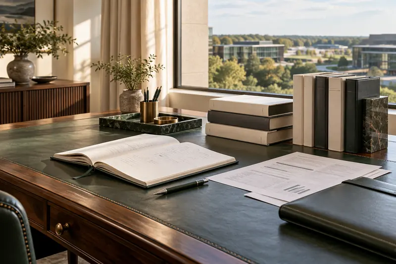 Executive study with business reference books, a notebook and financial working papers