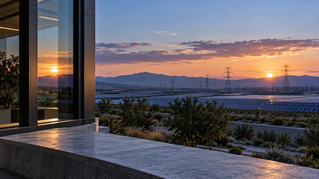 Quiet architectural interior overlooking energy infrastructure