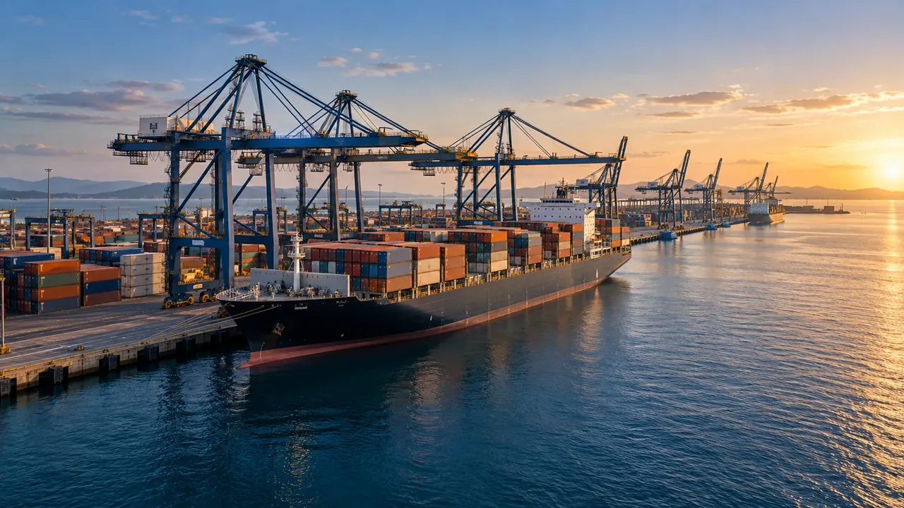 Container terminal and cargo vessels at sunset