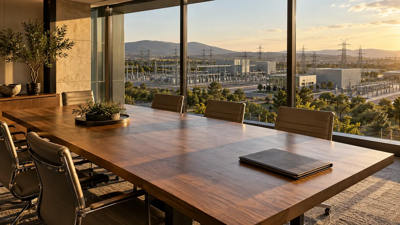 Contemporary decision room overlooking commercial infrastructure