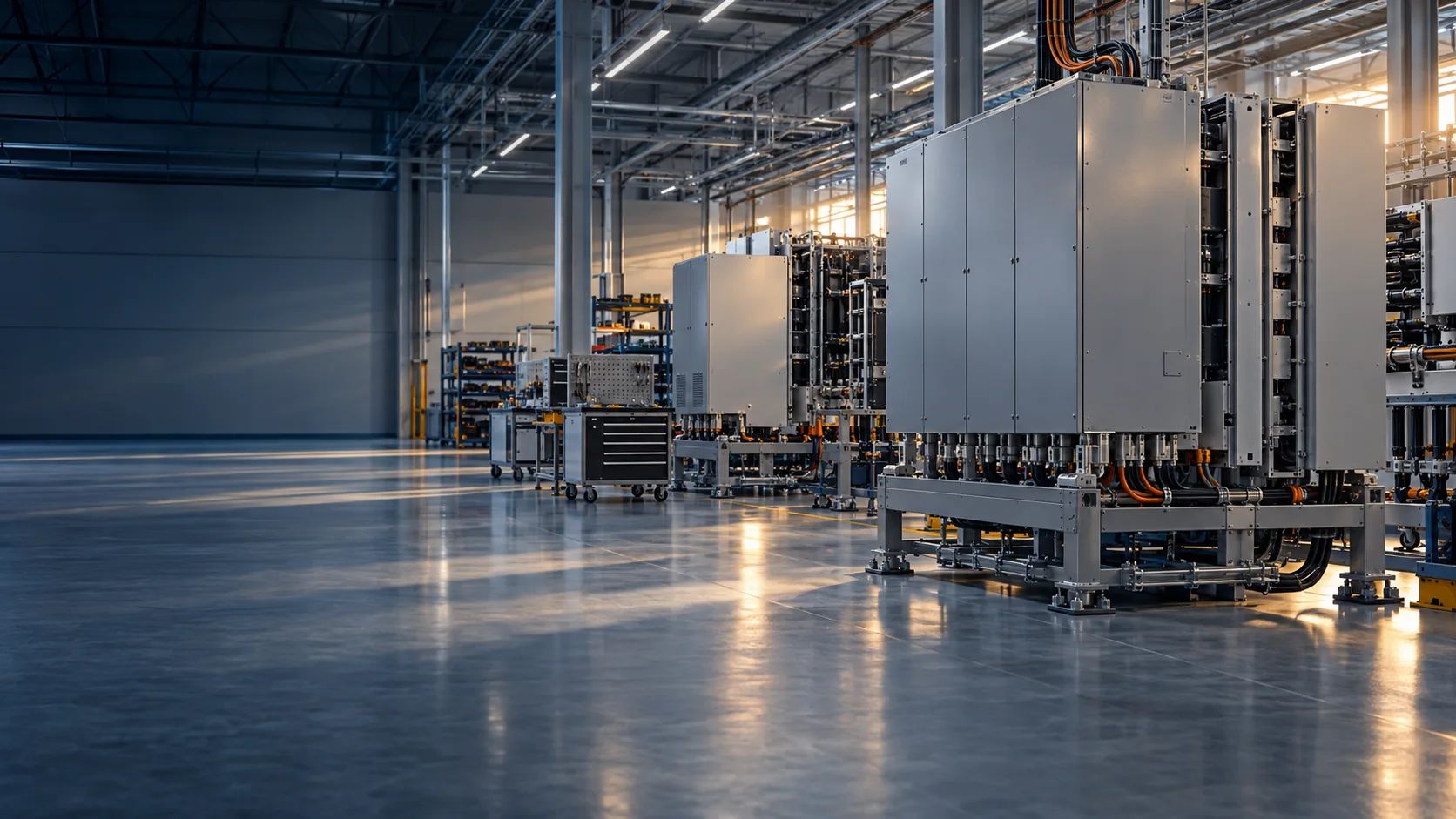 Sunlit industrial production hall